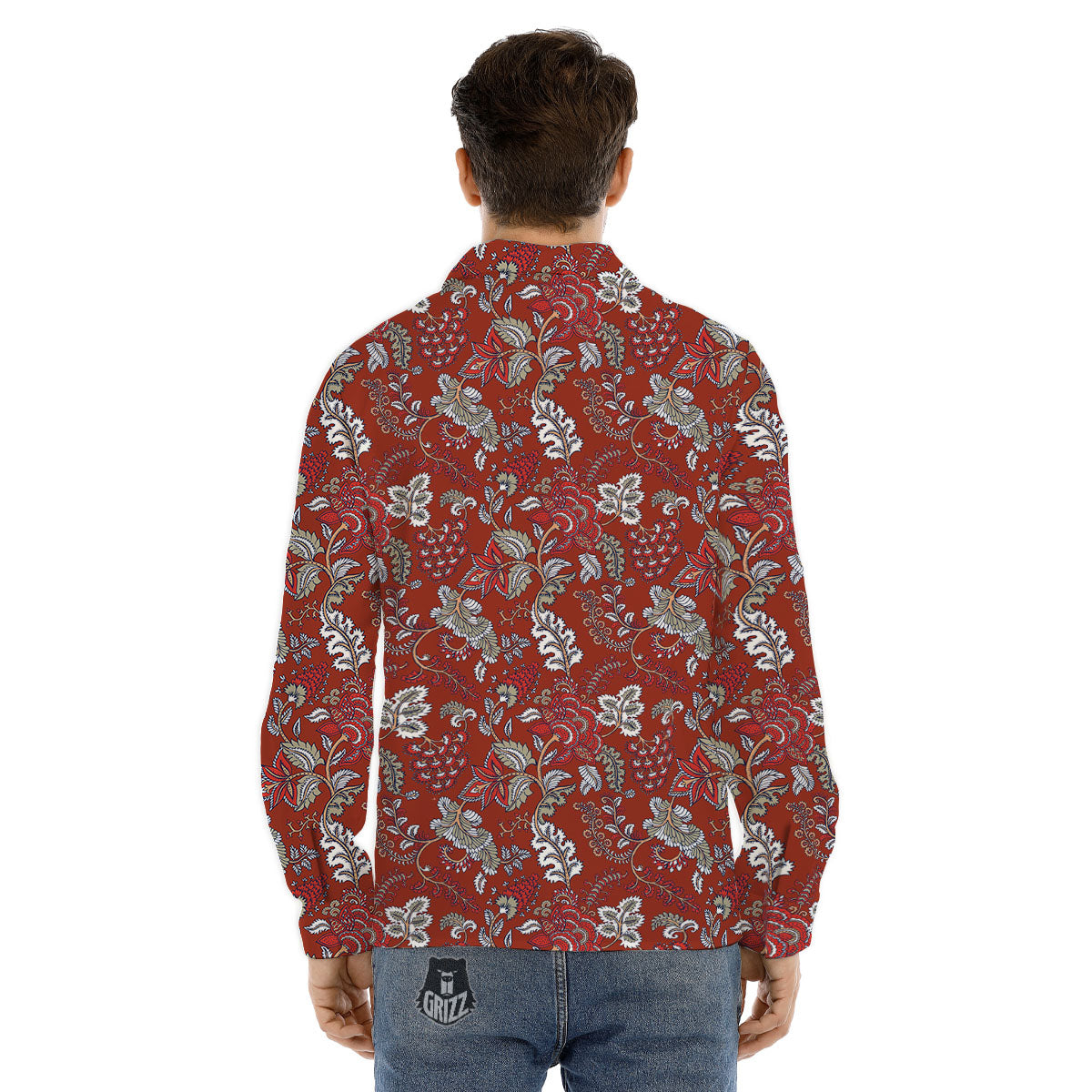 Bohemian Red Floral Print Pattern Men's Dress Shirts-grizzshop