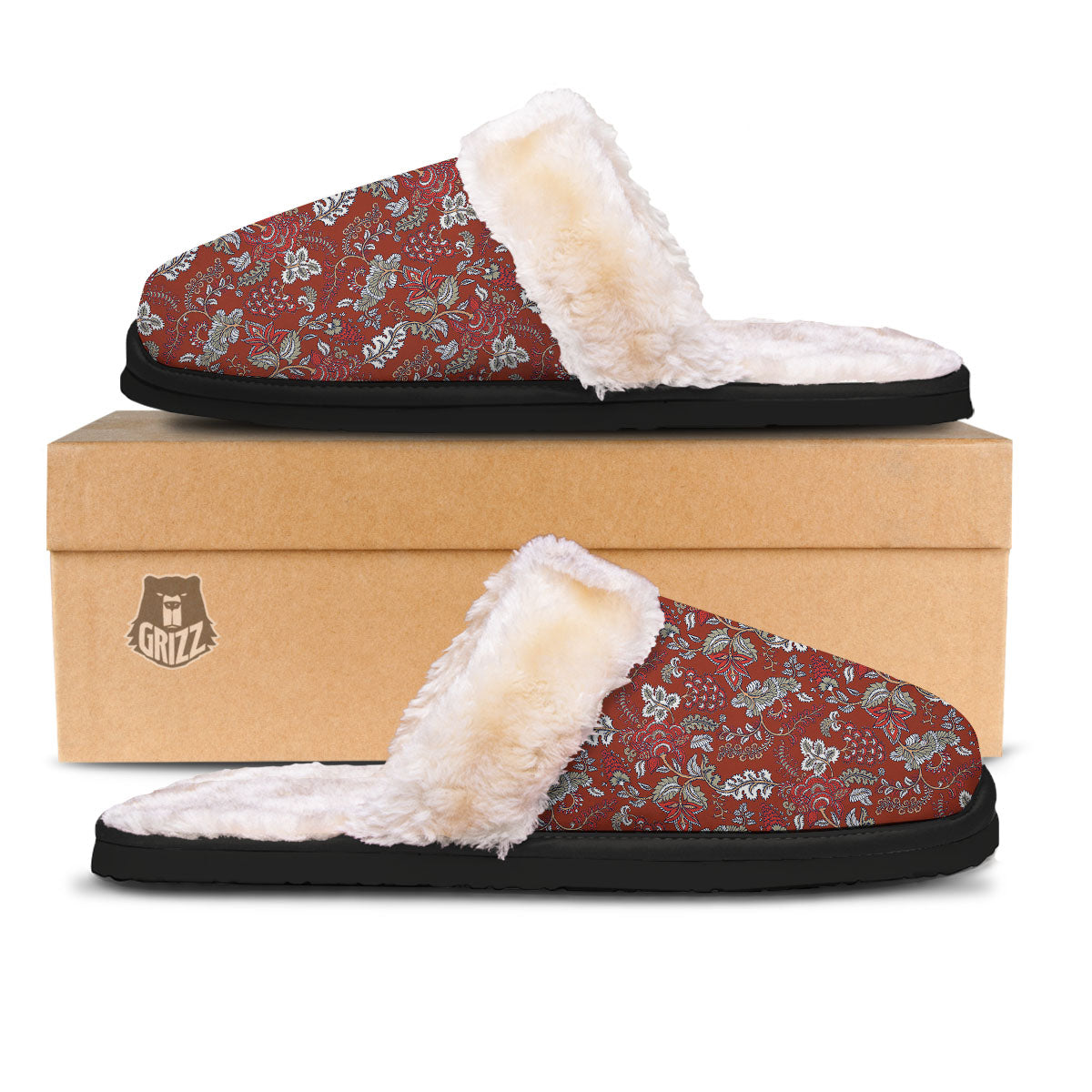 Bohemian Red Floral Print Pattern Slippers-grizzshop