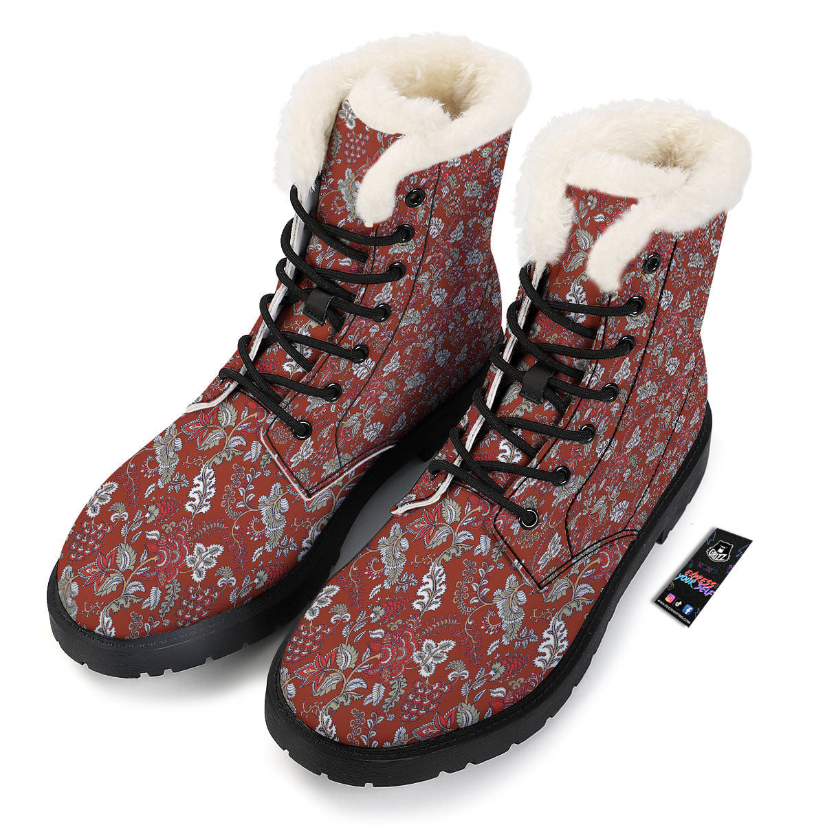Bohemian Red Floral Print Pattern Winter Boots-grizzshop