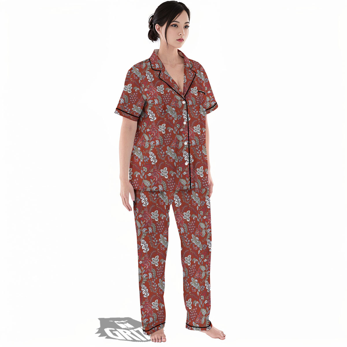 Bohemian Red Floral Print Pattern Women's Pajamas Set-grizzshop