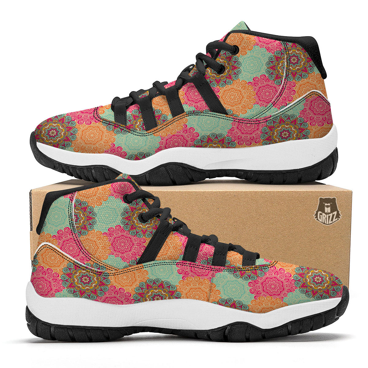 Bohemian Sangria Mandala Print Pattern Black Bball Shoes-grizzshop