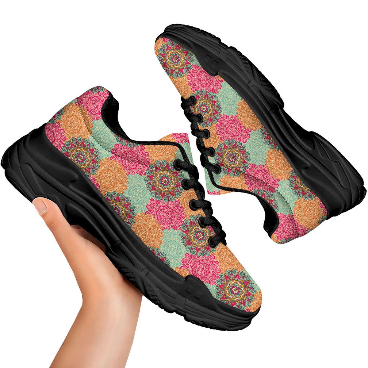 Bohemian Sangria Mandala Print Pattern Black Chunky Shoes-grizzshop