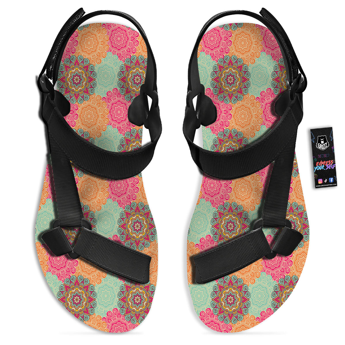 Bohemian Sangria Mandala Print Pattern Black Open Toe Sandals-grizzshop