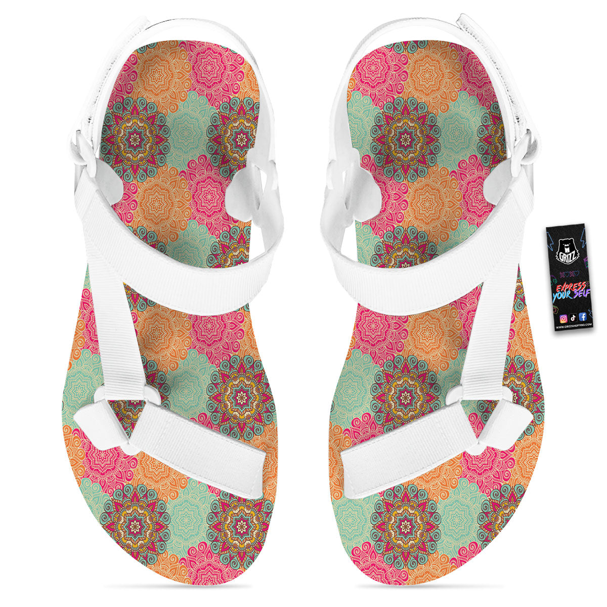 Bohemian Sangria Mandala Print Pattern White Open Toe Sandals-grizzshop