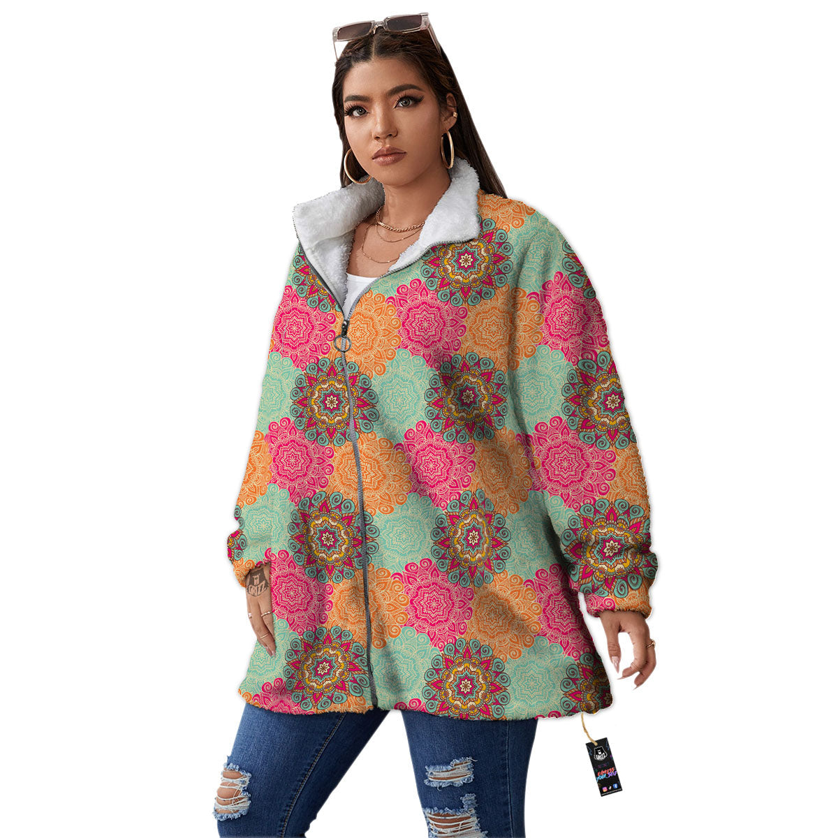 Bohemian Sangria Mandala Print Pattern Women's Sherpa Jacket-grizzshop