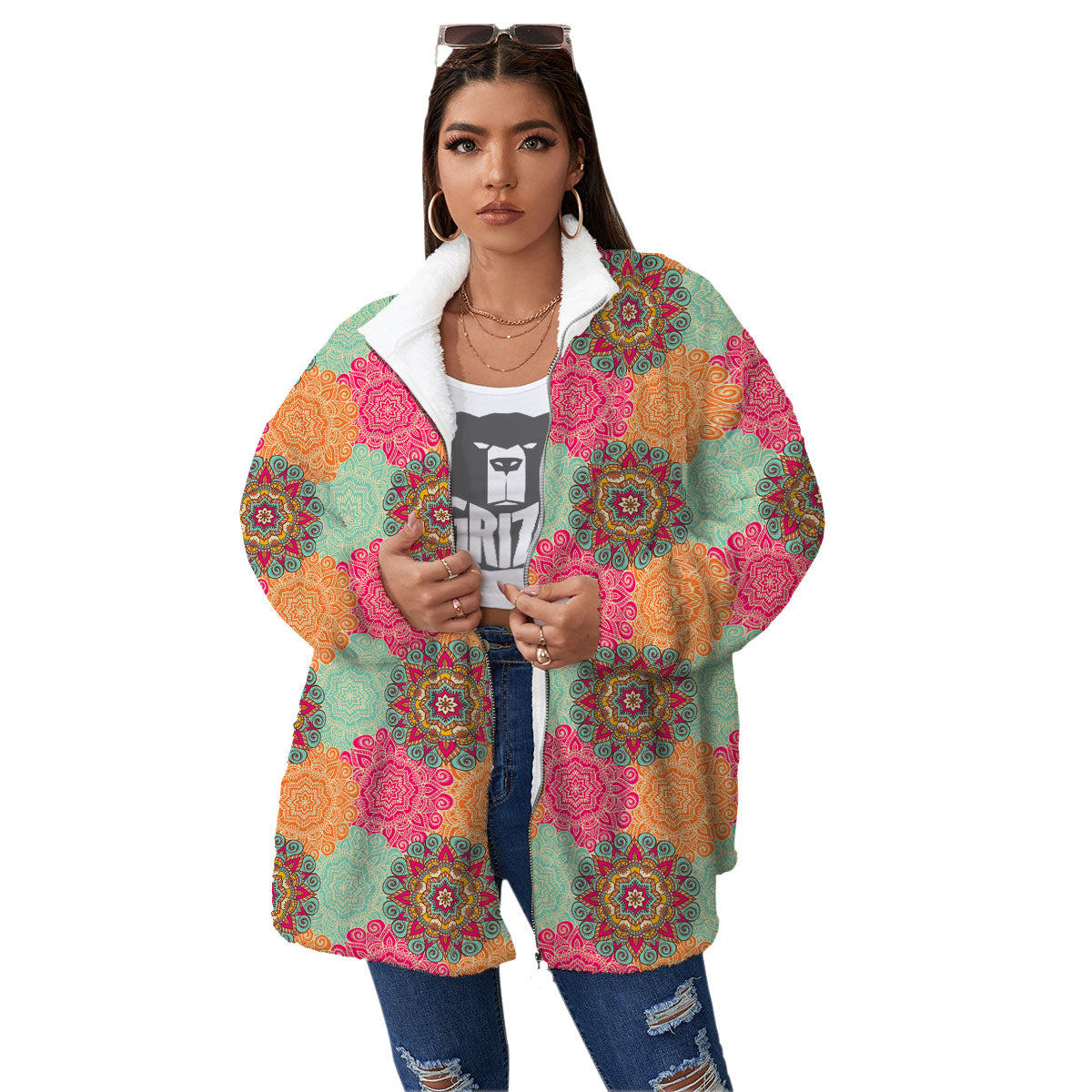 Bohemian Sangria Mandala Print Pattern Women's Sherpa Jacket-grizzshop