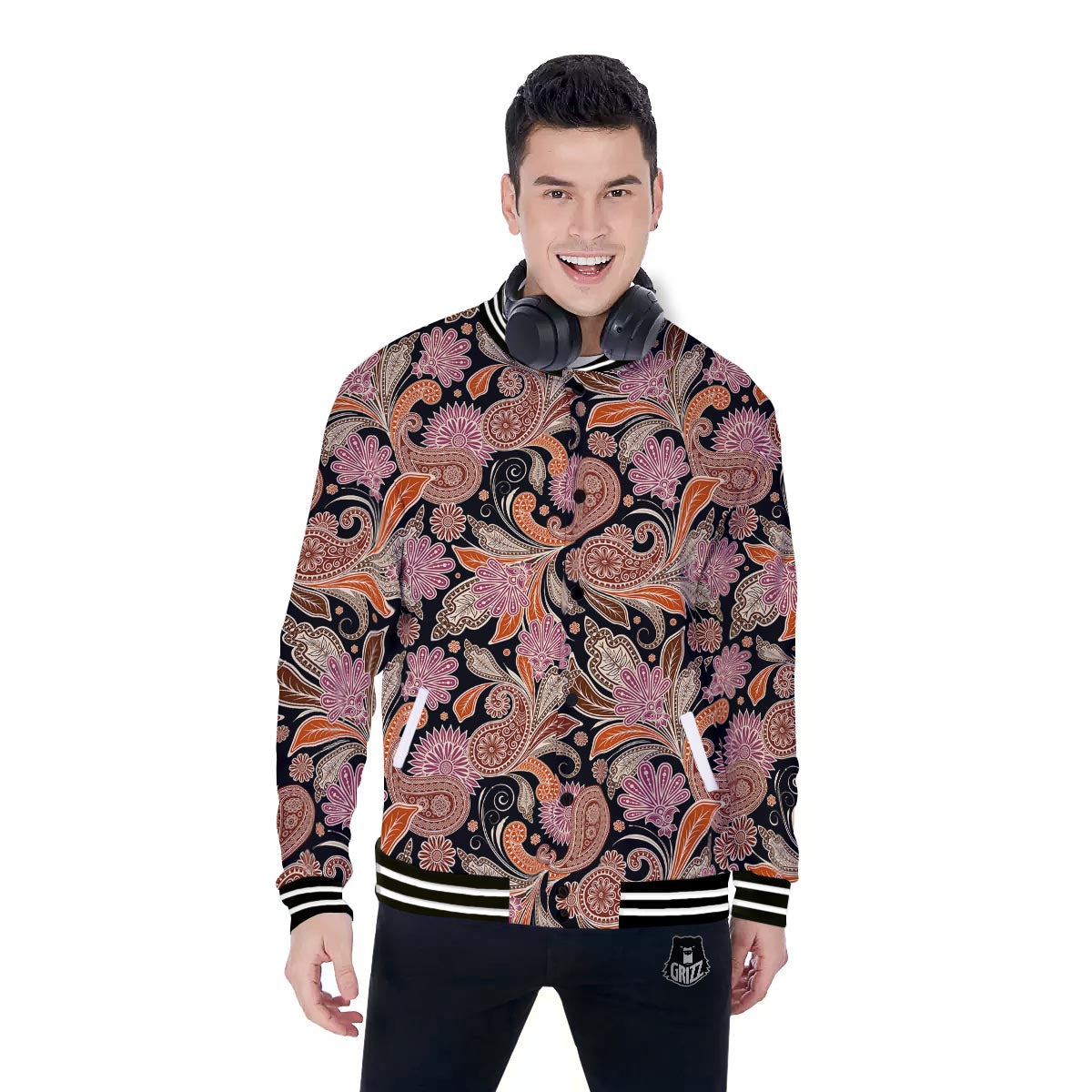 Bohemian Tangerine Floral Print Pattern Baseball Jacket-grizzshop