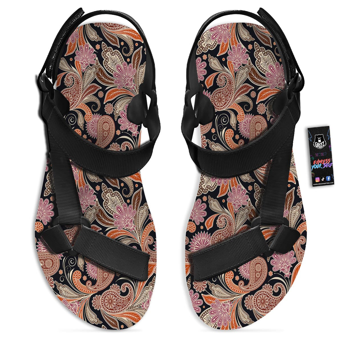 Bohemian Tangerine Floral Print Pattern Black Open Toe Sandals-grizzshop