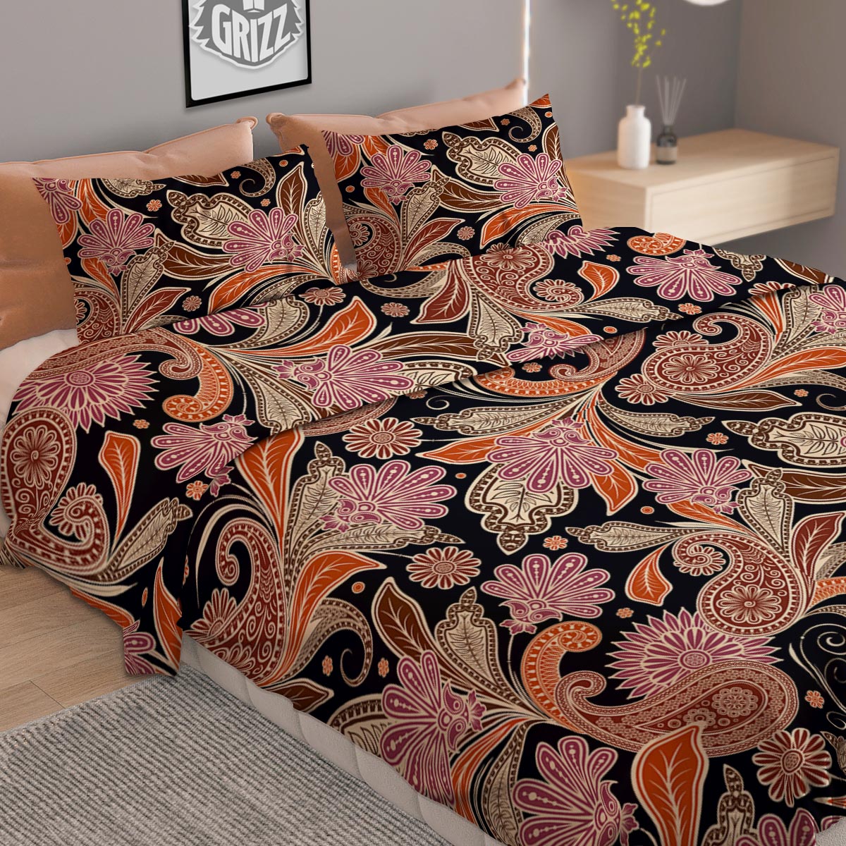 Bohemian Tangerine Floral Print Pattern Duvet Cover Bedding Set