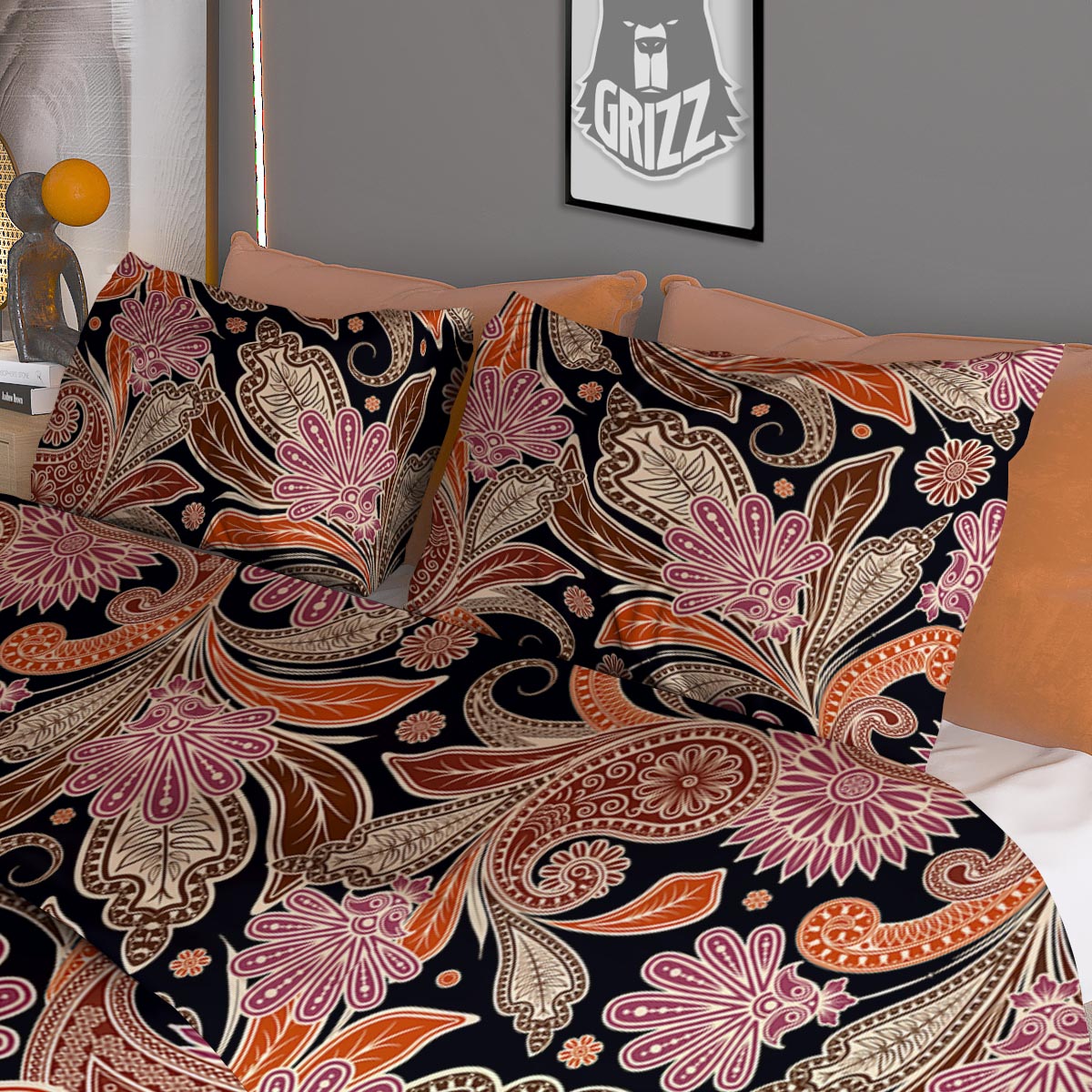 Bohemian Tangerine Floral Print Pattern Duvet Cover Bedding Set