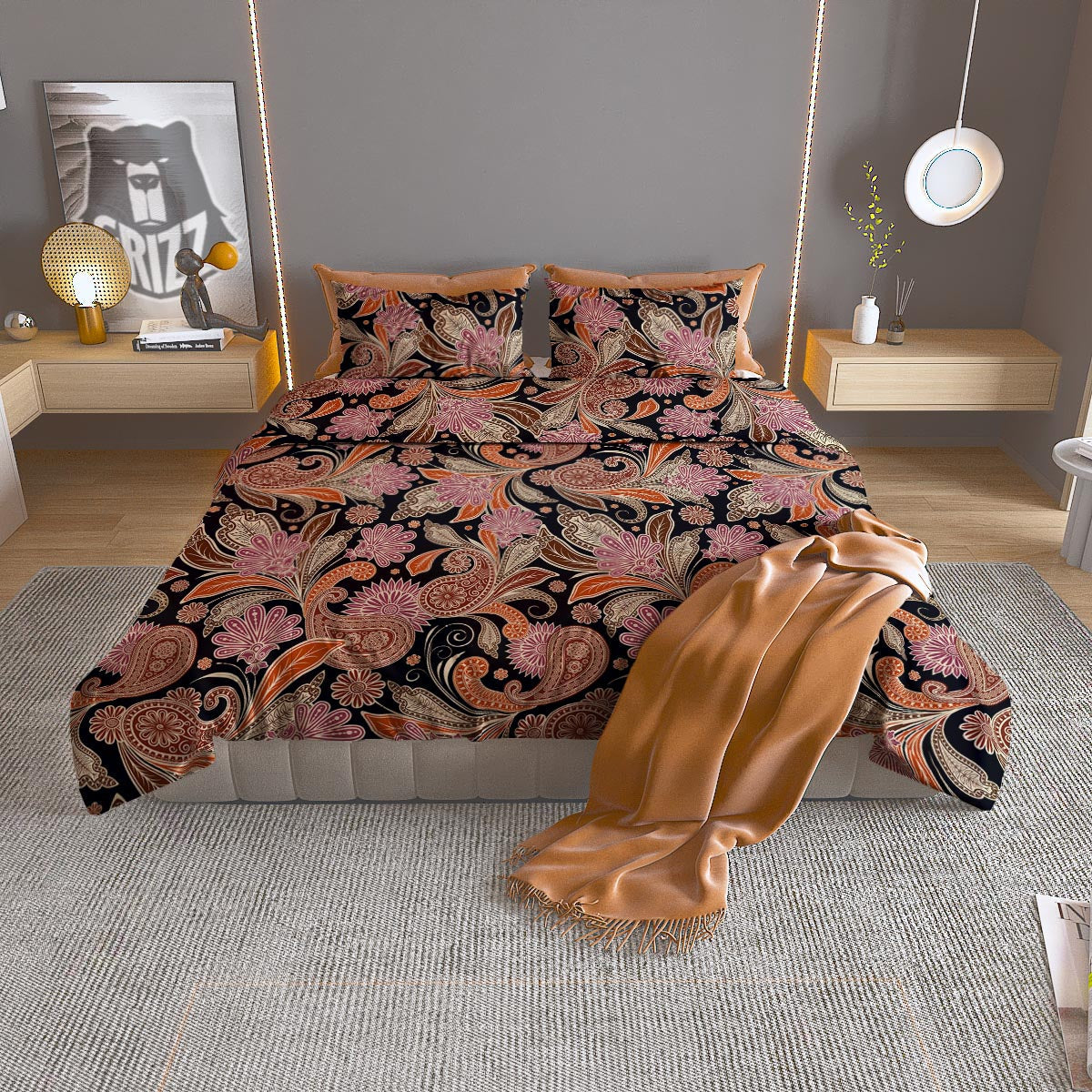 Bohemian Tangerine Floral Print Pattern Duvet Cover Bedding Set