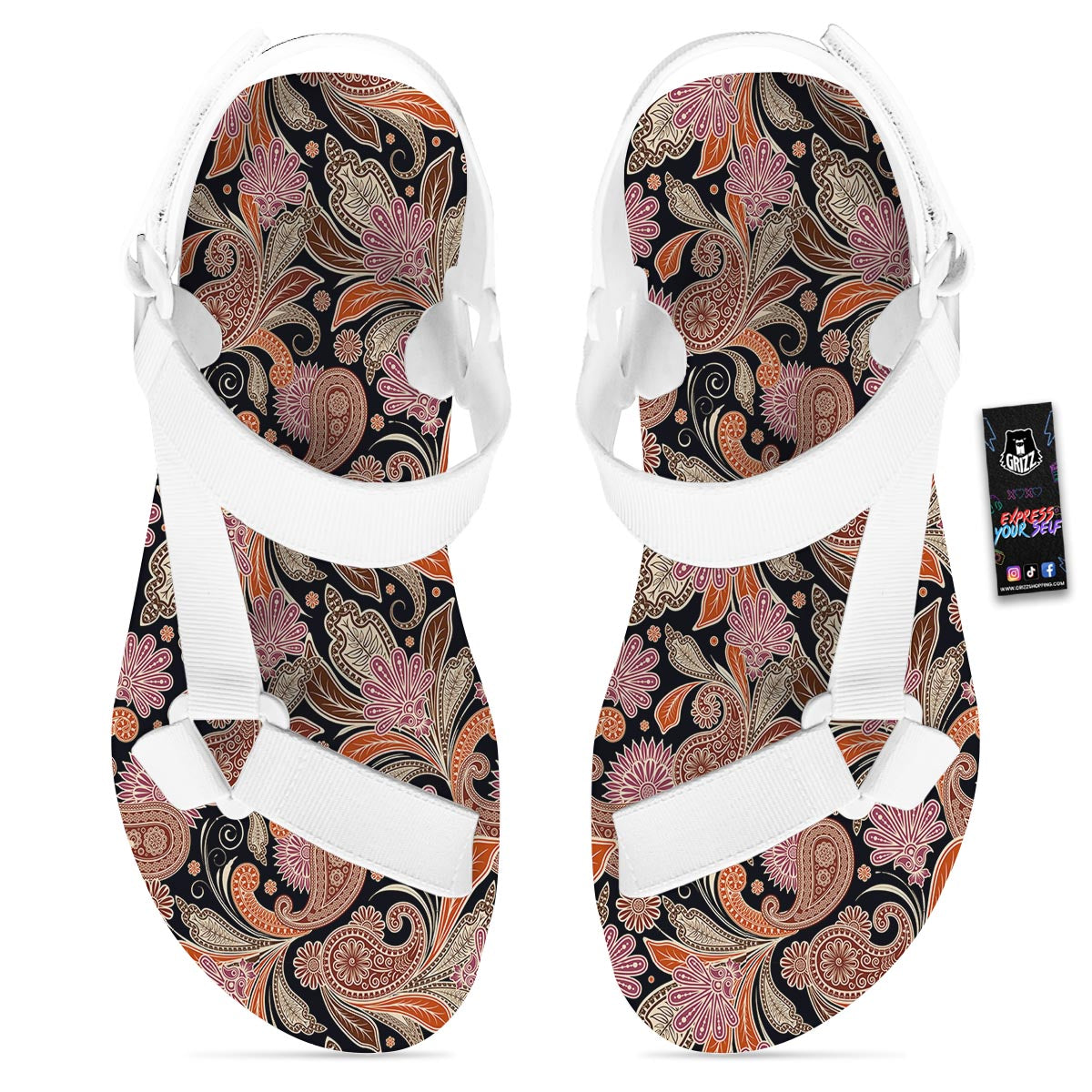 Bohemian Tangerine Floral Print Pattern White Open Toe Sandals-grizzshop