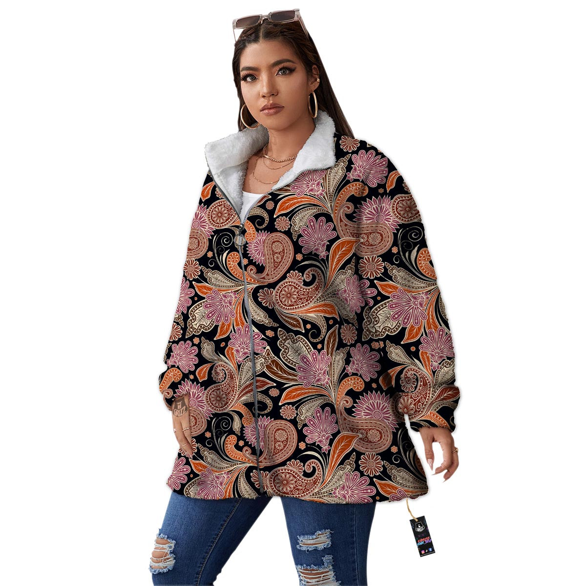 Bohemian Tangerine Floral Print Pattern Women's Sherpa Jacket-grizzshop