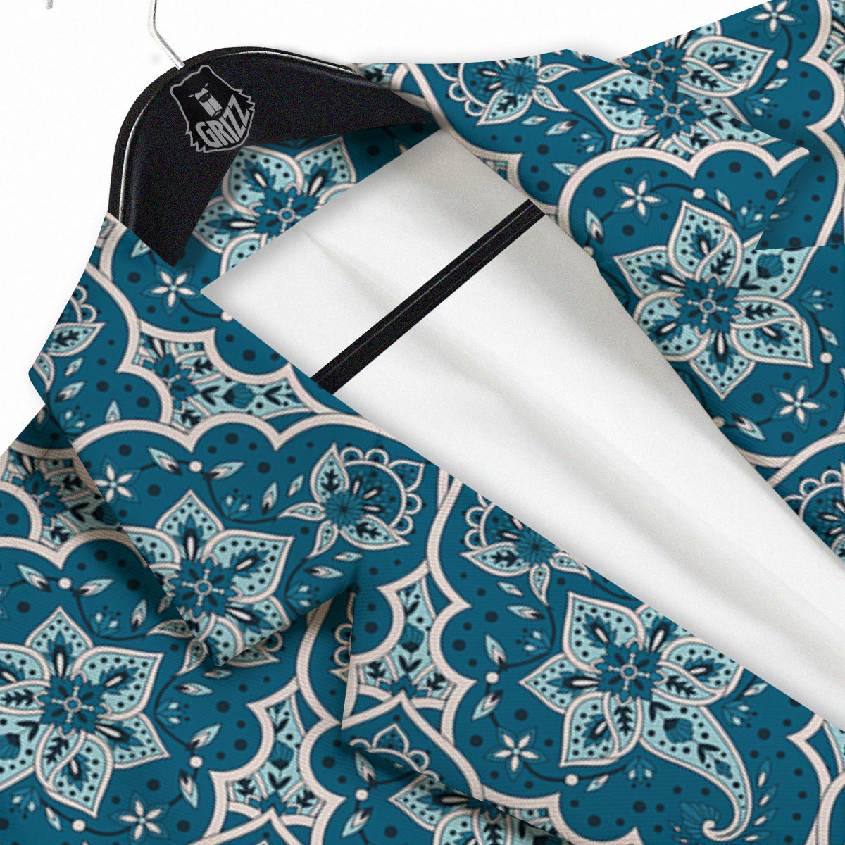 Bohemian Turquoise Floral Print Pattern Men's Sport Coat-grizzshop