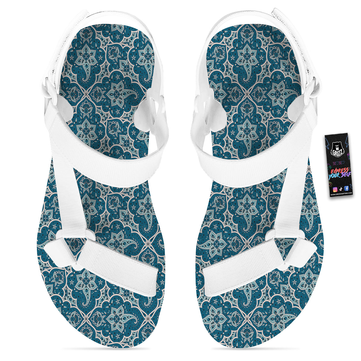 Bohemian Turquoise Floral Print Pattern White Open Toe Sandals-grizzshop