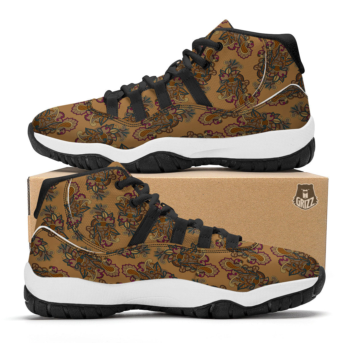 Bohemian Umber Floral Print Pattern Black Bball Shoes-grizzshop