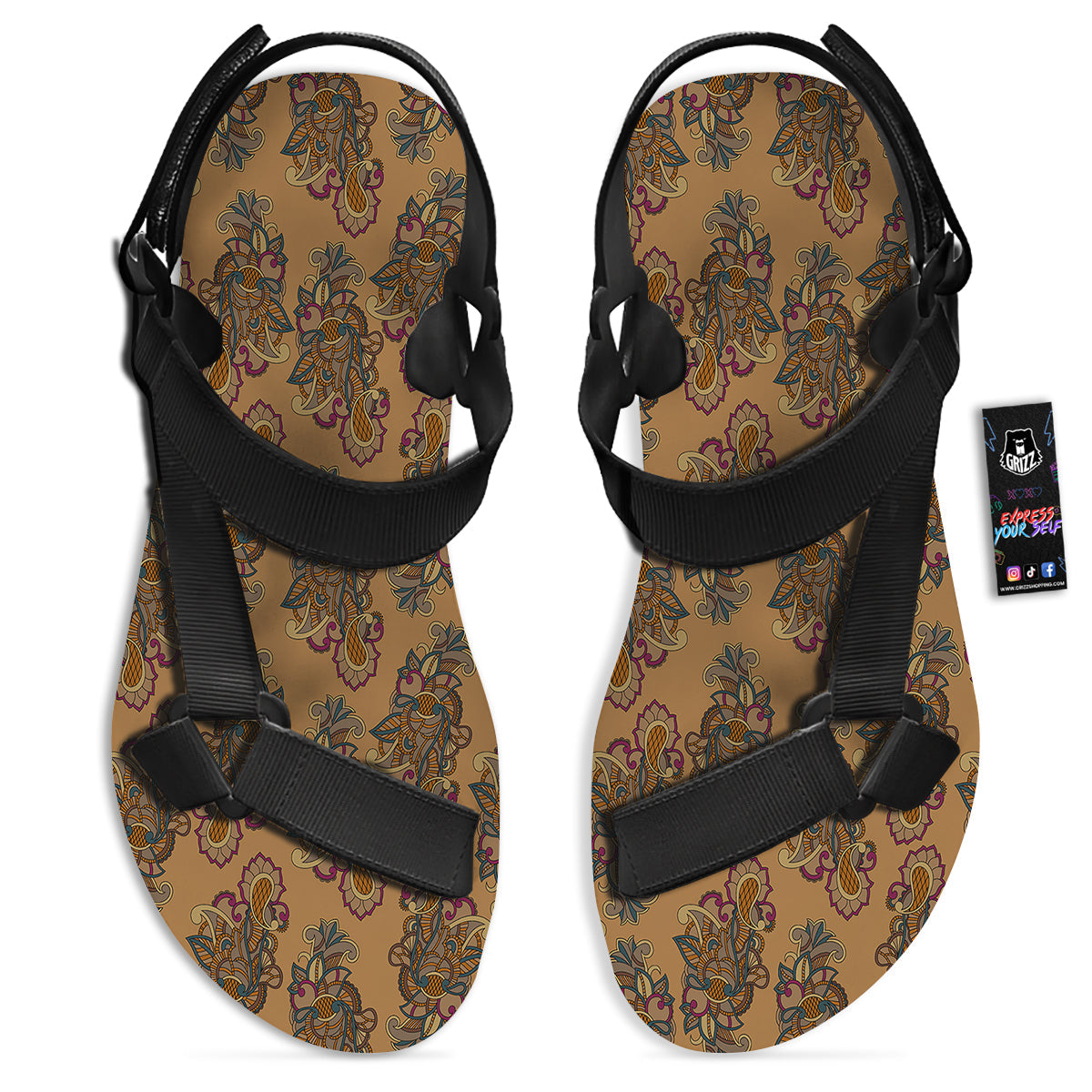 Bohemian Umber Floral Print Pattern Black Open Toe Sandals-grizzshop