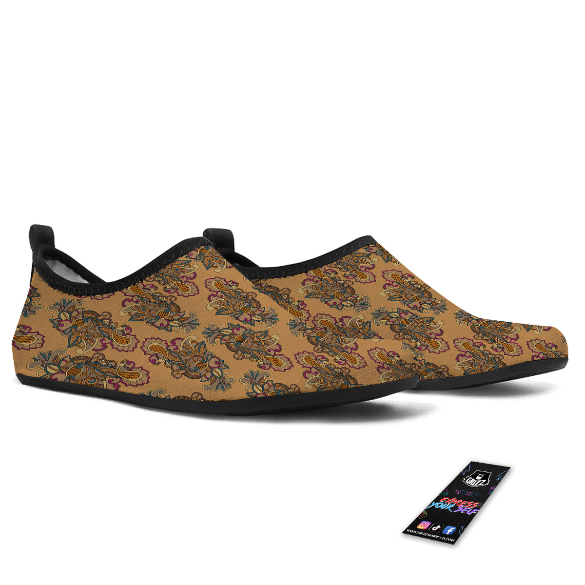 Bohemian Umber Floral Print Pattern Water Shoes-grizzshop