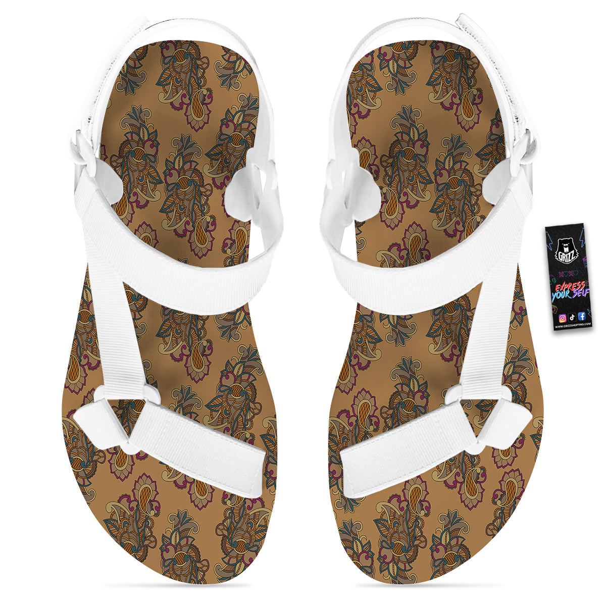 Bohemian Umber Floral Print Pattern White Open Toe Sandals-grizzshop