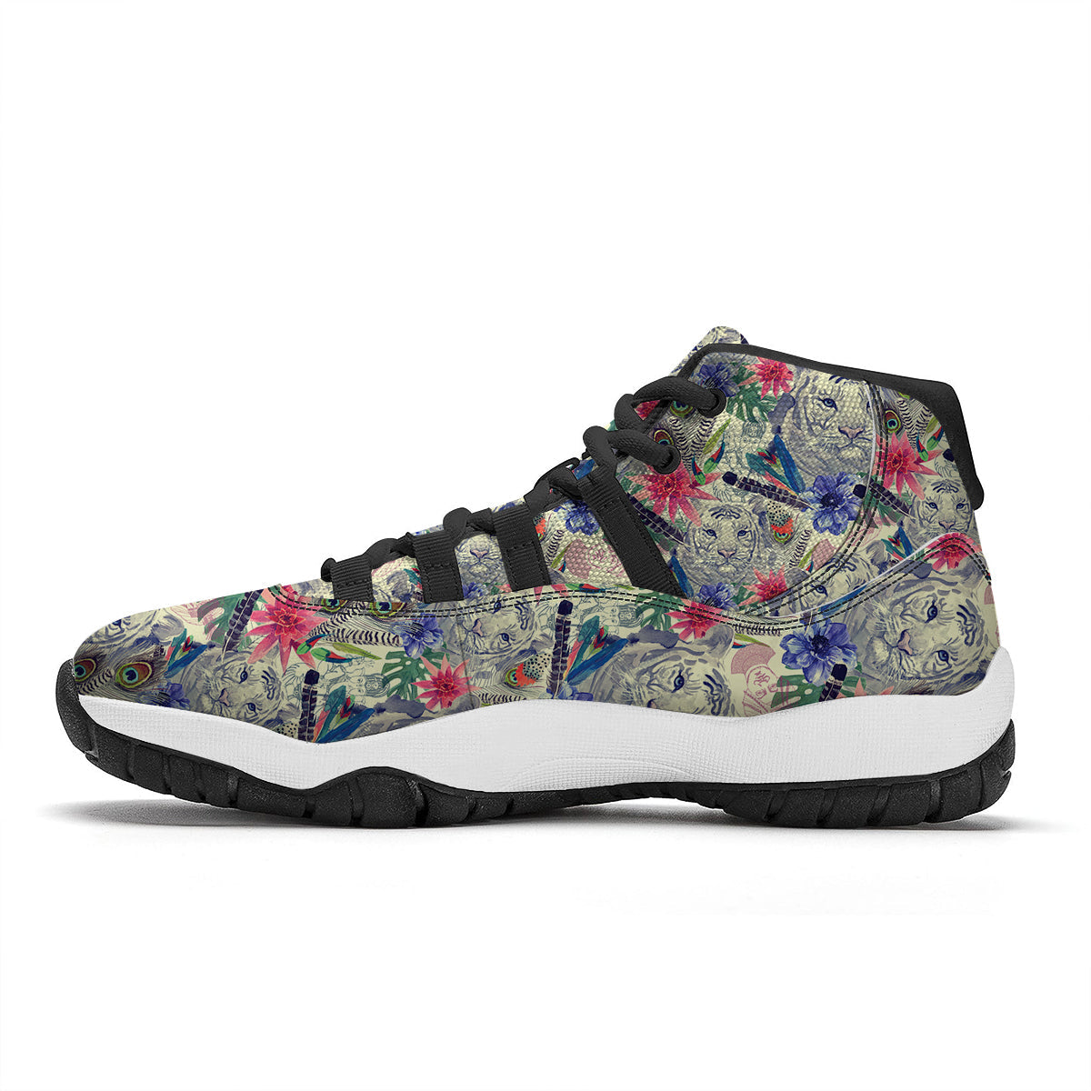 Bohemian White Tiger Pattern Print Black Bball Shoes-grizzshop