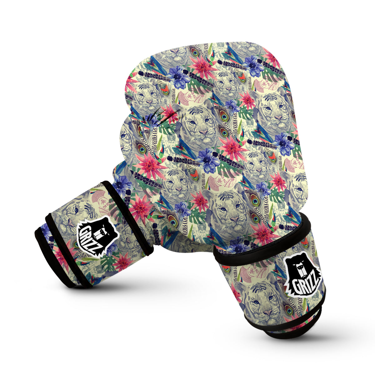Bohemian White Tiger Pattern Print Boxing Gloves-grizzshop