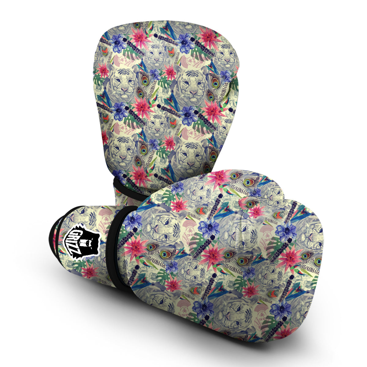 Bohemian White Tiger Pattern Print Boxing Gloves-grizzshop