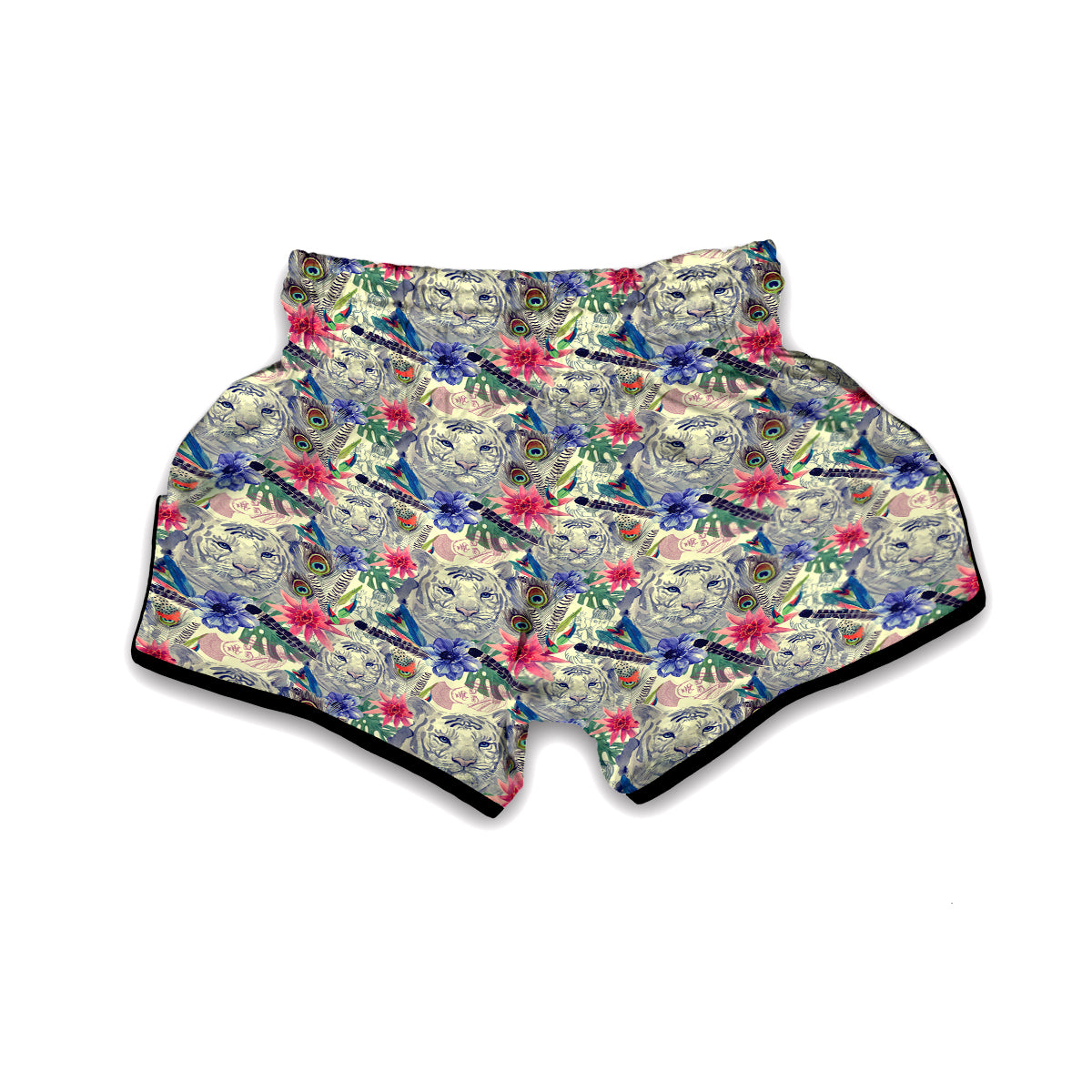 Bohemian White Tiger Pattern Print Muay Thai Boxing Shorts-grizzshop