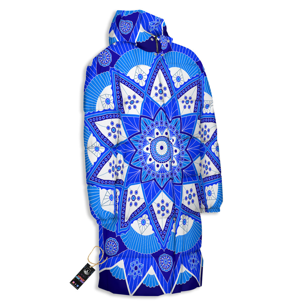 Bohemian Mandala White And Blue Print Long Down Jacket