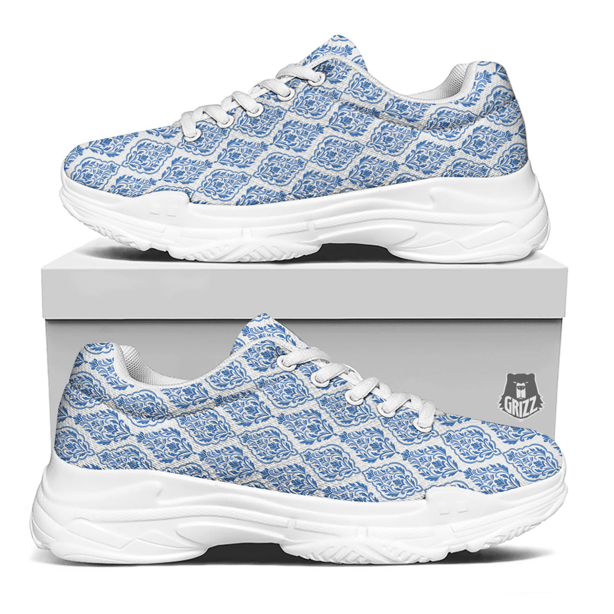 Boho Damask Print Pattern White Chunky Shoes-grizzshop