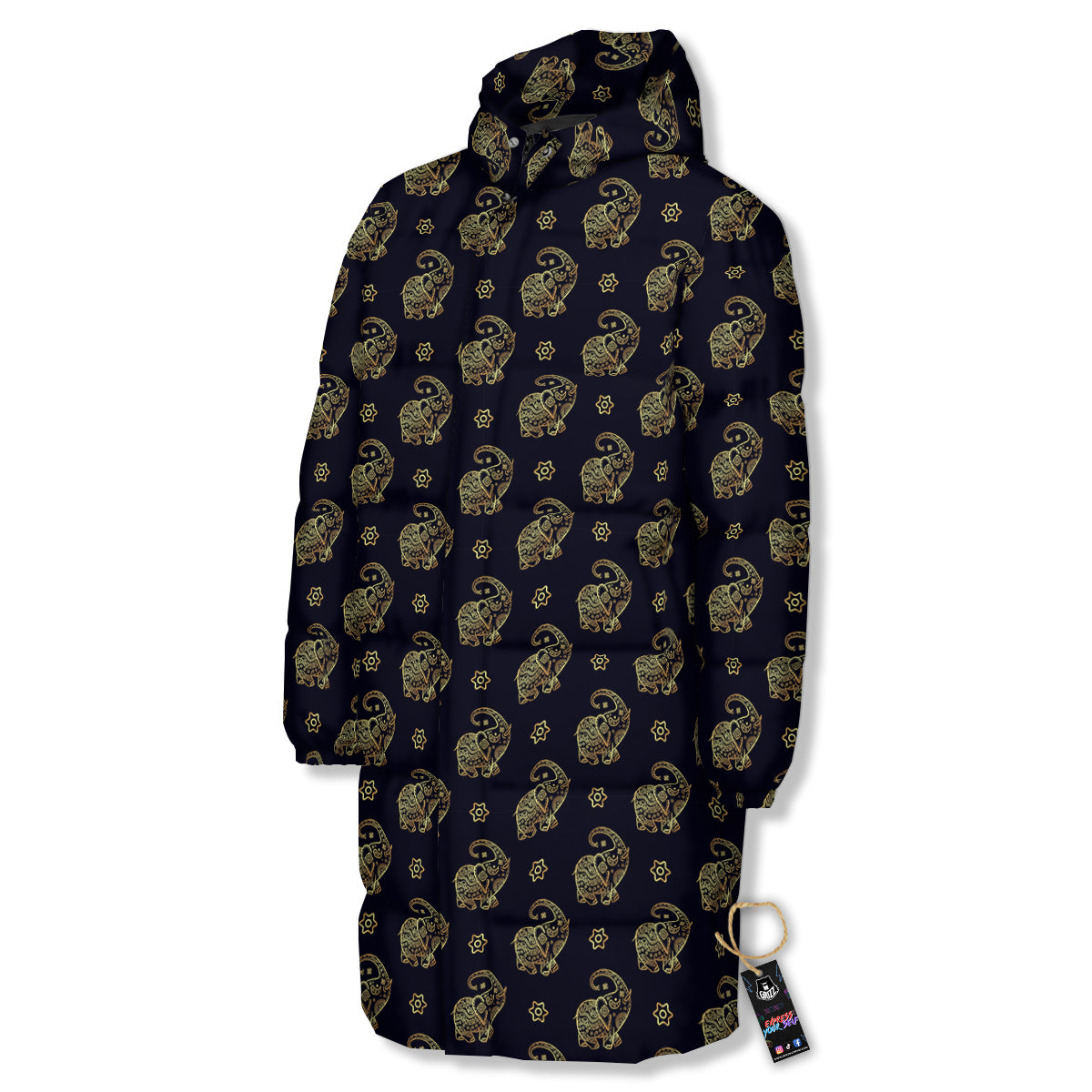 Boho Elephant Gold Cute Print Pattern Long Down Jacket-grizzshop
