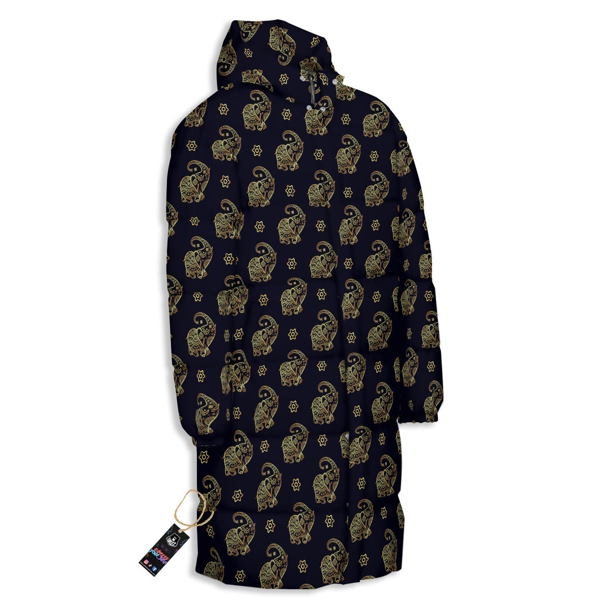 Boho Elephant Gold Cute Print Pattern Long Down Jacket-grizzshop