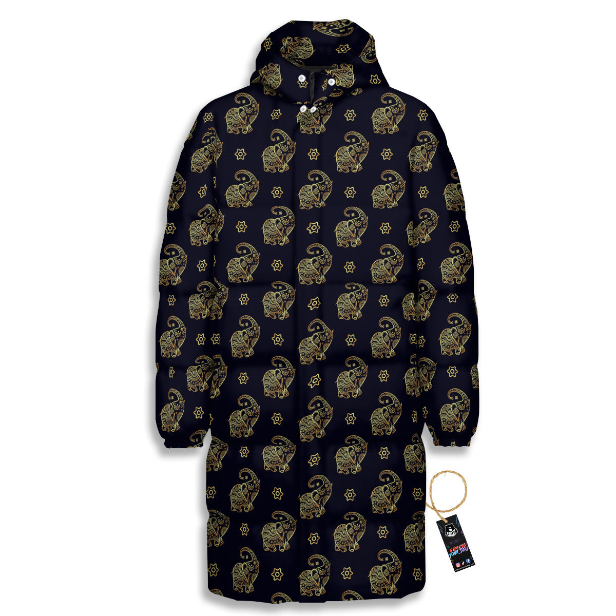Boho Elephant Gold Cute Print Pattern Long Down Jacket-grizzshop