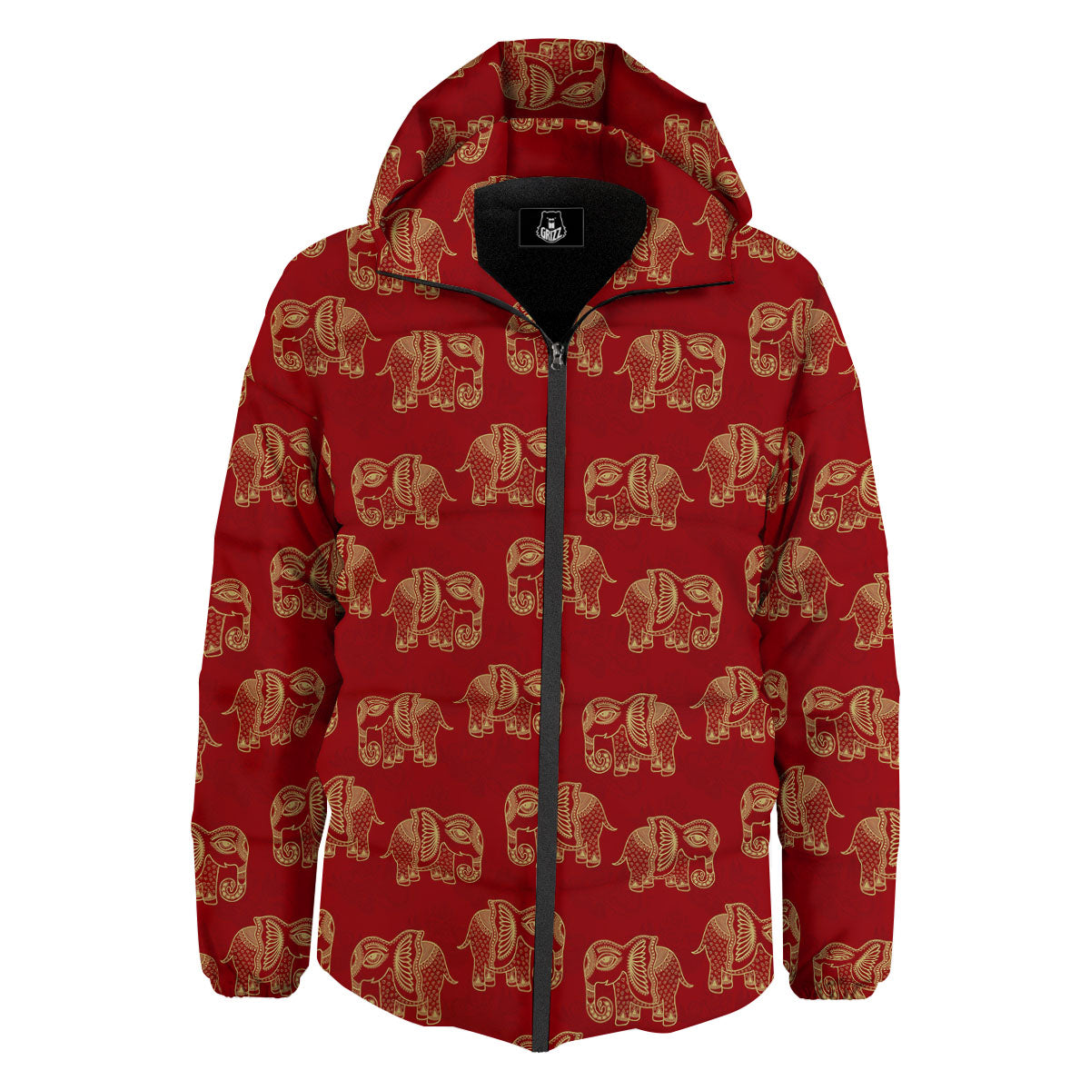 Boho Elephant Red And Gold Print Down Jacket-grizzshop