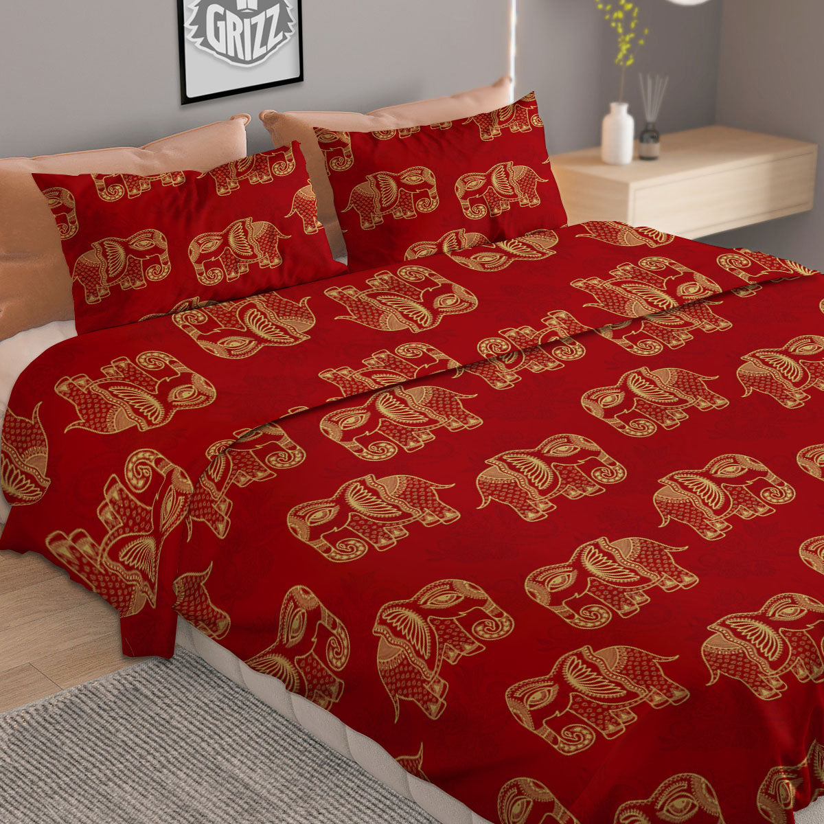 Boho Elephant Red And Gold Print Duvet Cover Bedding Set