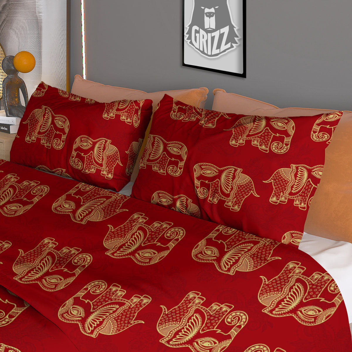 Boho Elephant Red And Gold Print Duvet Cover Bedding Set