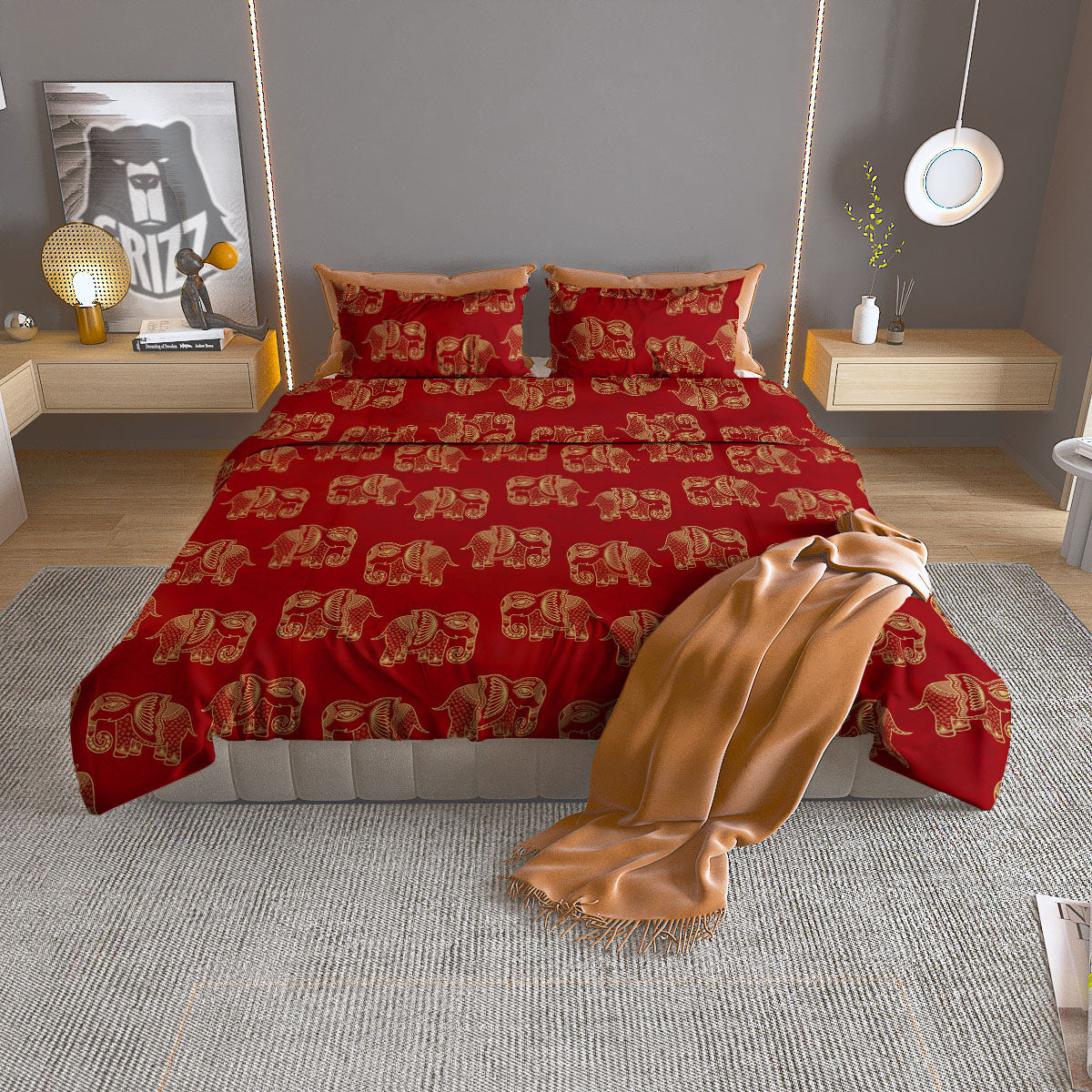 Boho Elephant Red And Gold Print Duvet Cover Bedding Set