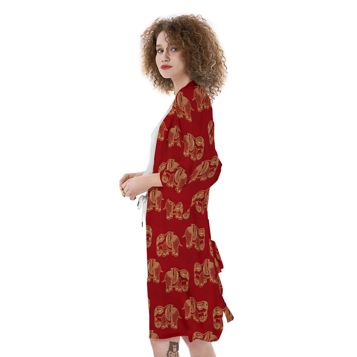 Boho Elephant Red And Gold Print Kimono-grizzshop