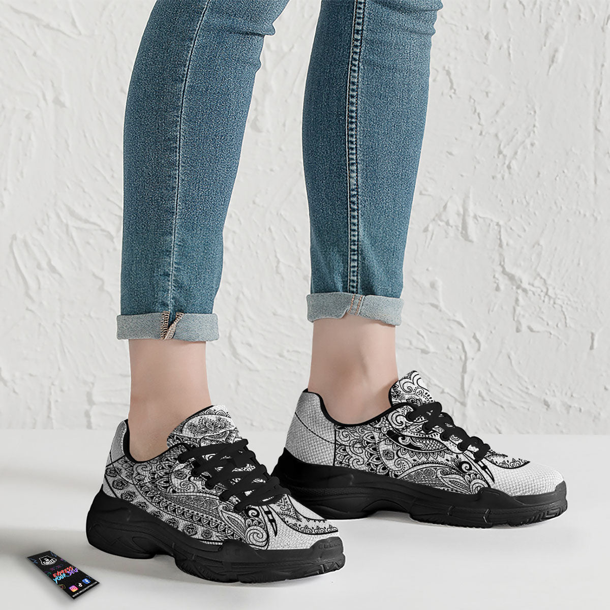 Boho Elephant White And Black Print Black Chunky Shoes-grizzshop