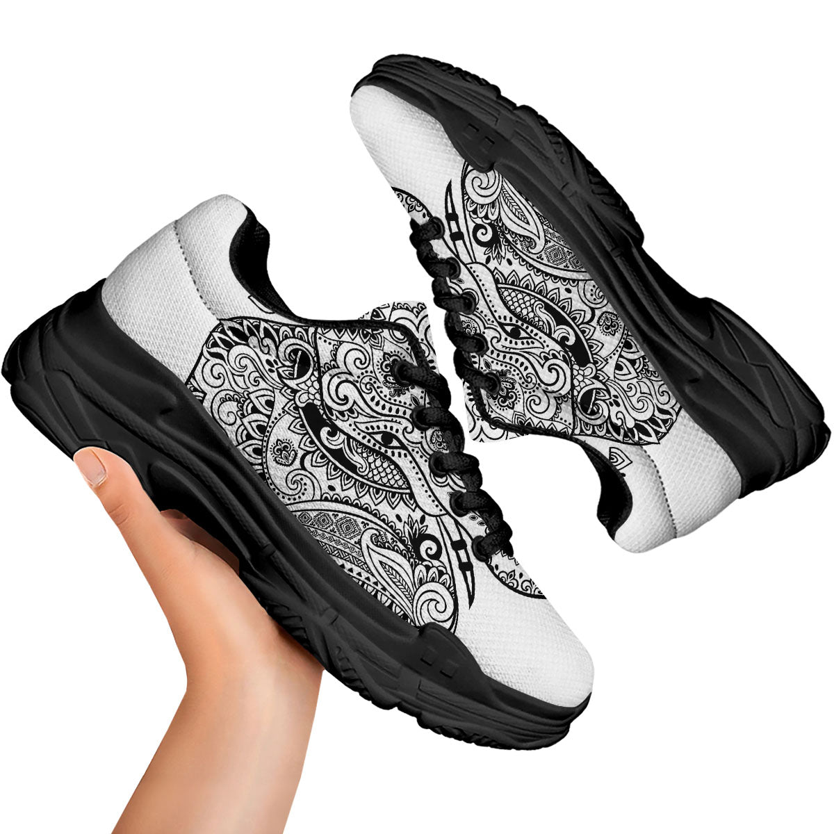 Boho Elephant White And Black Print Black Chunky Shoes-grizzshop