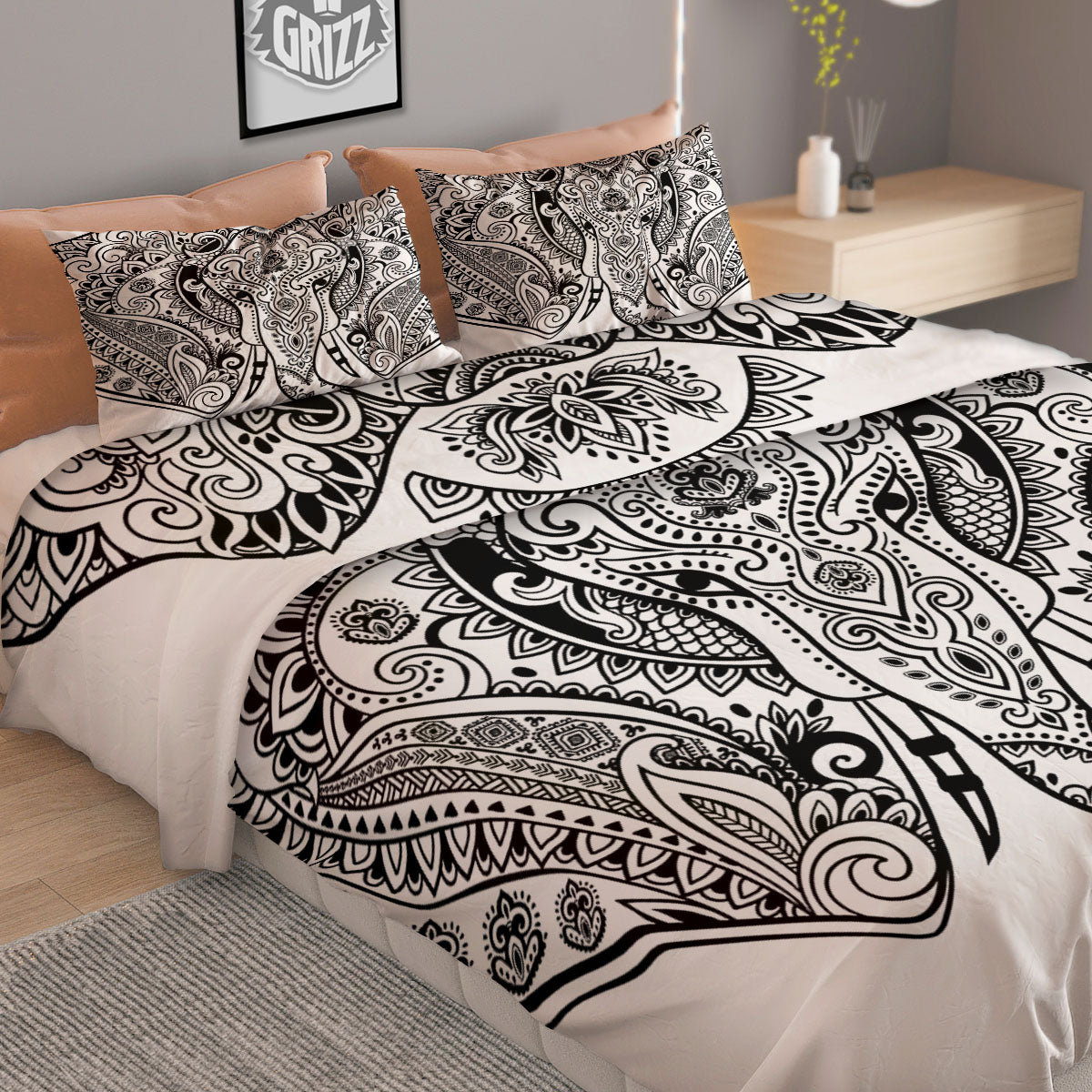 Boho Elephant White And Black Print Duvet Cover Bedding Set