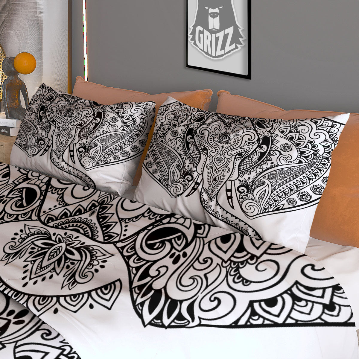 Boho Elephant White And Black Print Duvet Cover Bedding Set