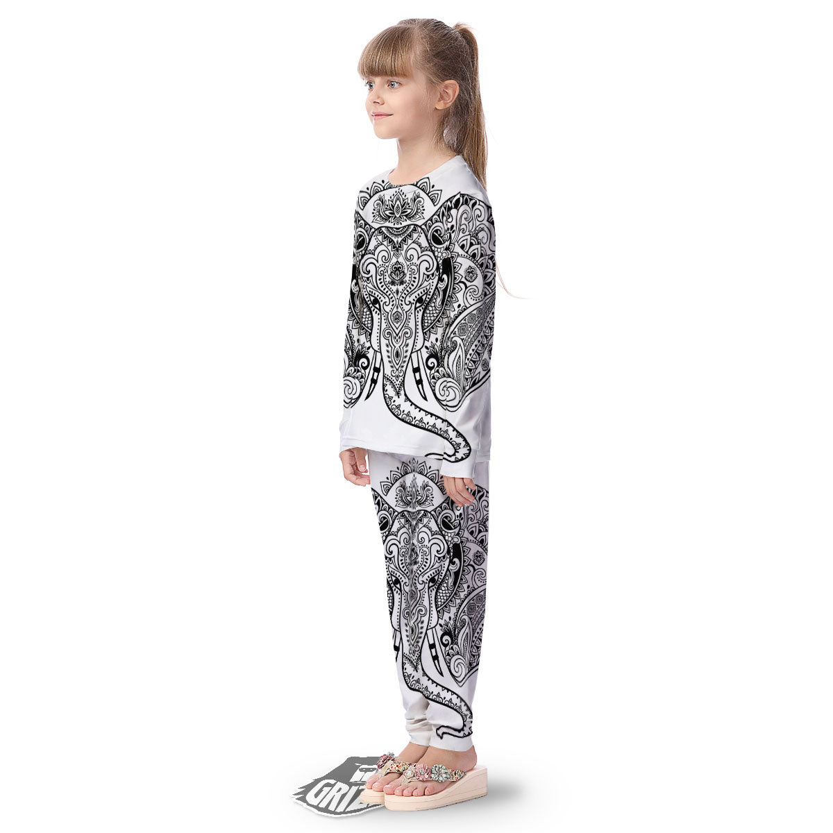 Boho Elephant White And Black Print Kid's Pajamas-grizzshop