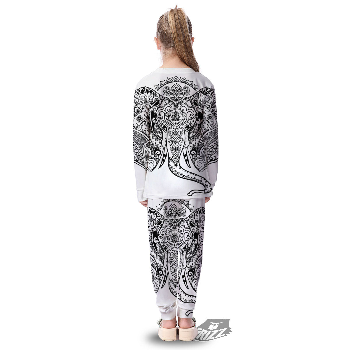 Boho Elephant White And Black Print Kid's Pajamas-grizzshop
