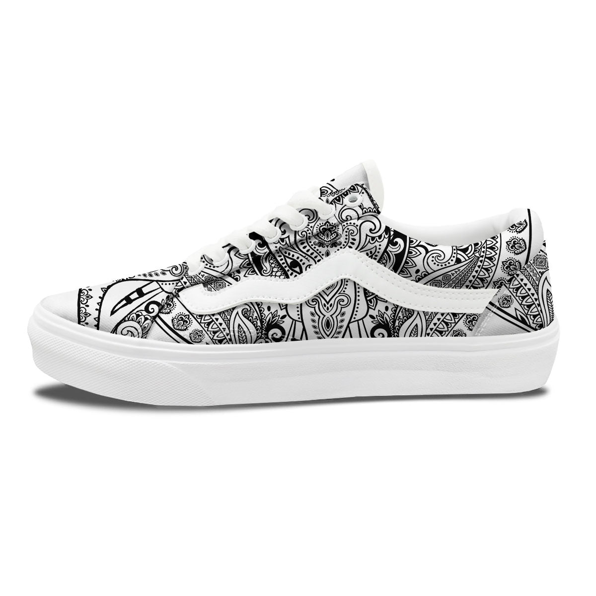 Boho Elephant White And Black Print Skate Shoes-grizzshop