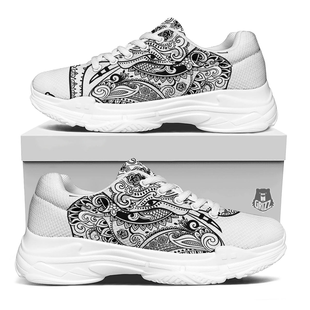 Boho Elephant White And Black Print White Chunky Shoes-grizzshop