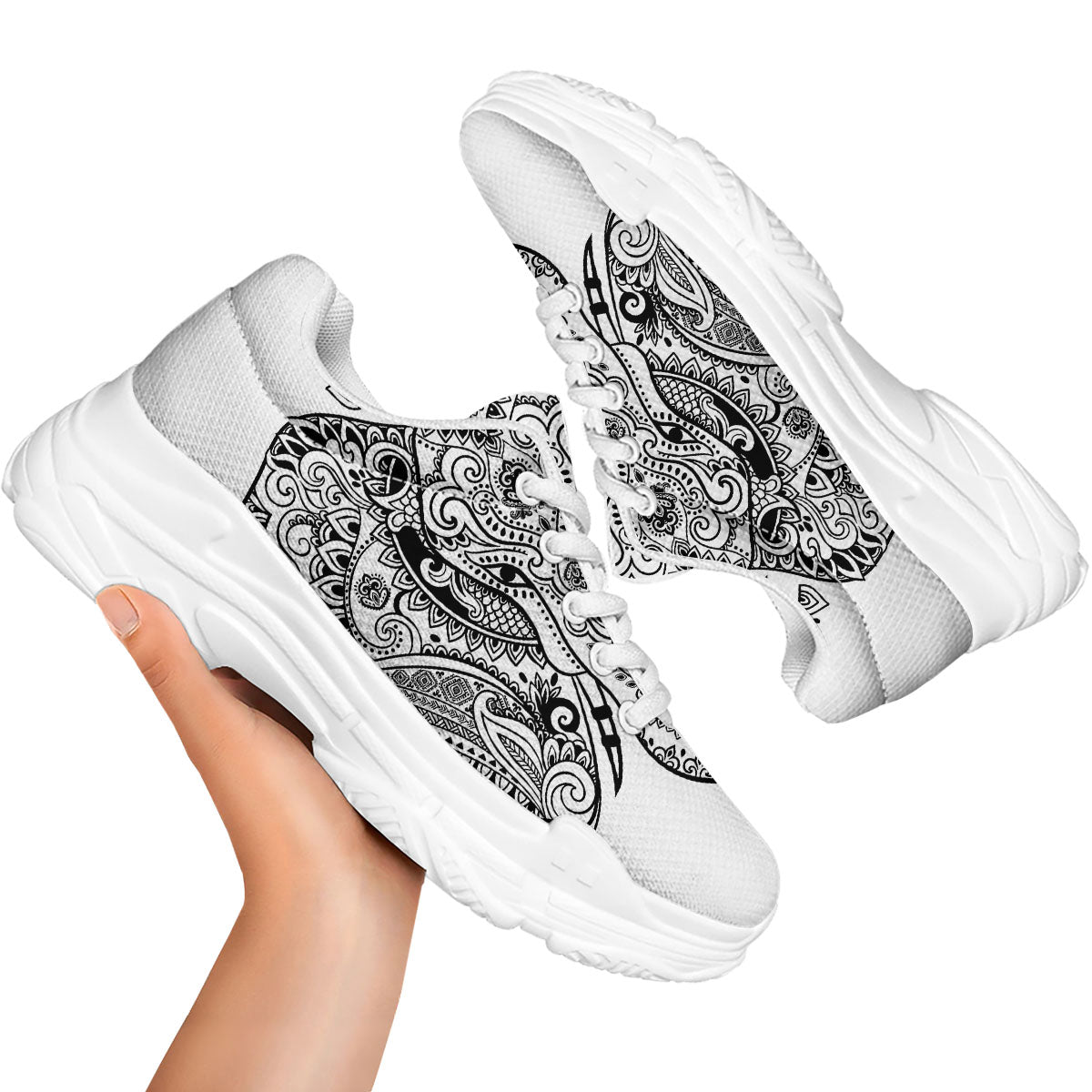Boho Elephant White And Black Print White Chunky Shoes-grizzshop