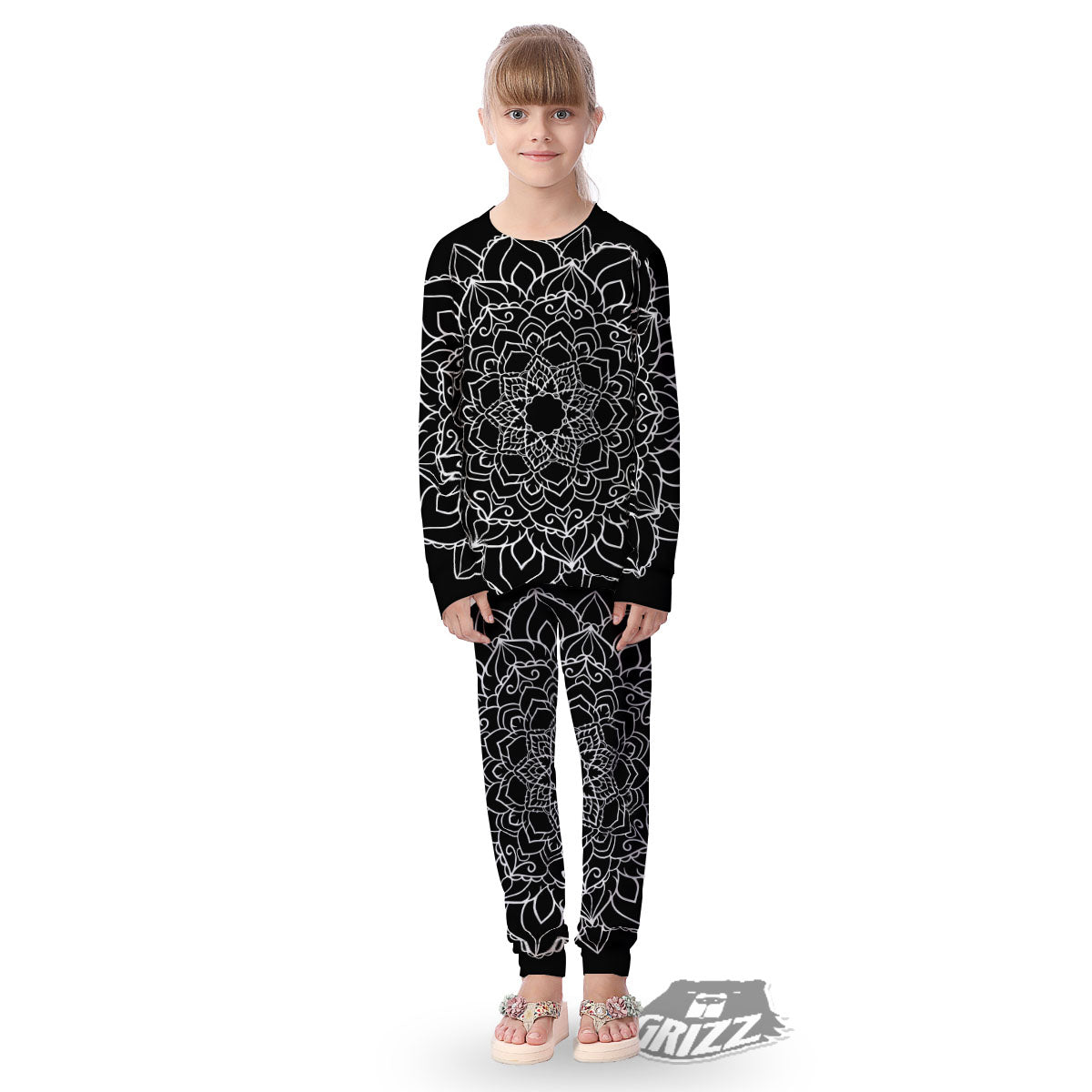 Boho Mandala White And Black Print Kid's Pajamas-grizzshop