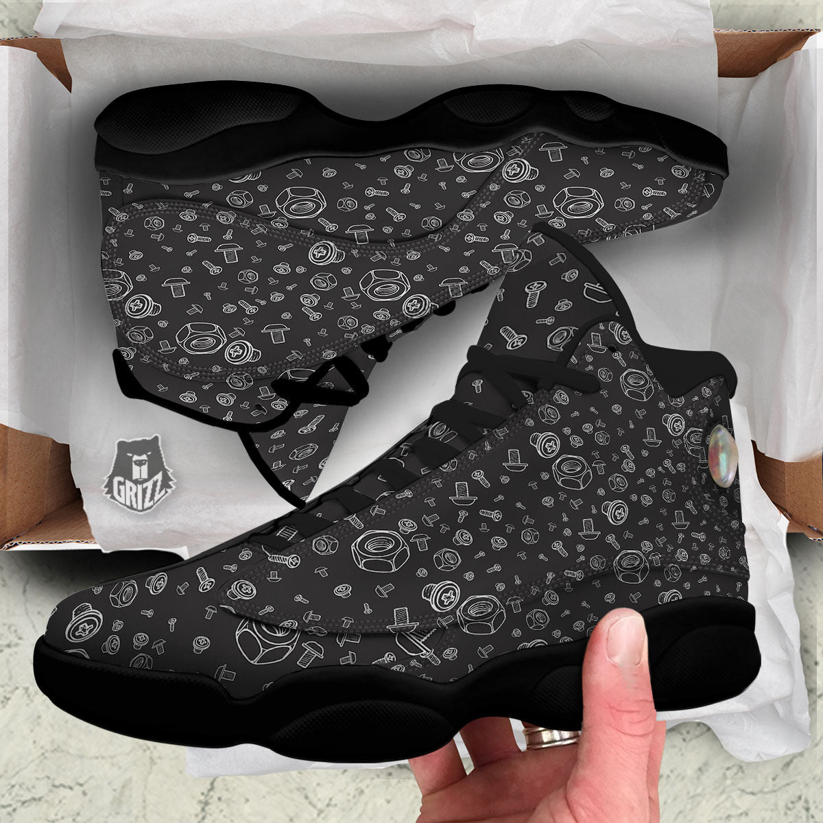 Bolts and Mechanic Nuts Print Pattern Black Basketball Shoes-grizzshop