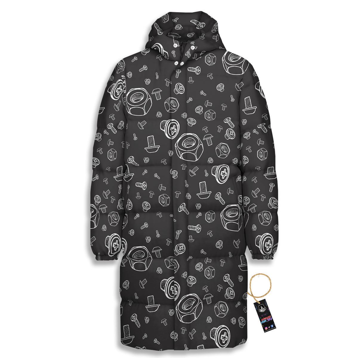 Bolts and Mechanic Nuts Print Pattern Long Down Jacket-grizzshop