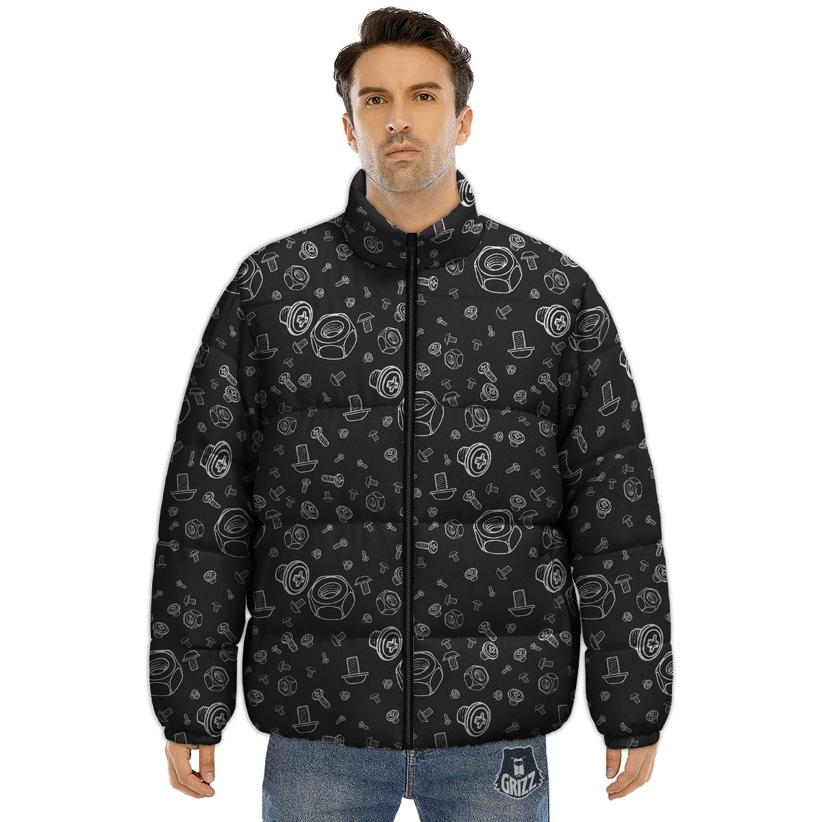 Bolts and Mechanic Nuts Print Pattern Puffer Jacket-grizzshop